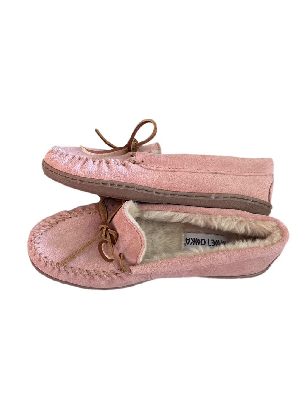 Minnetonka Pink Suede Moccasins with Faux Fur Lining - Picture 3 of 5